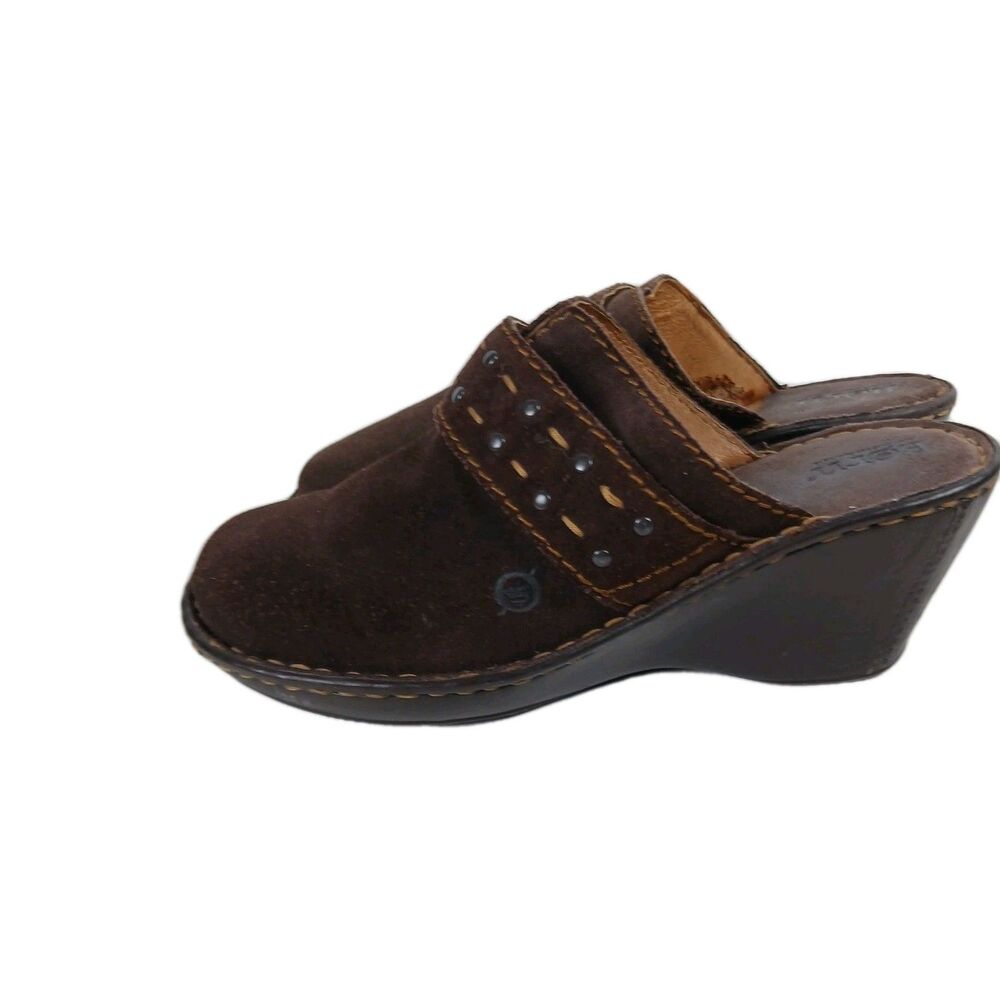 Born Shoes Women's Size 8 Brown Suede Leather Clogs Mules Slip On Stud Detail